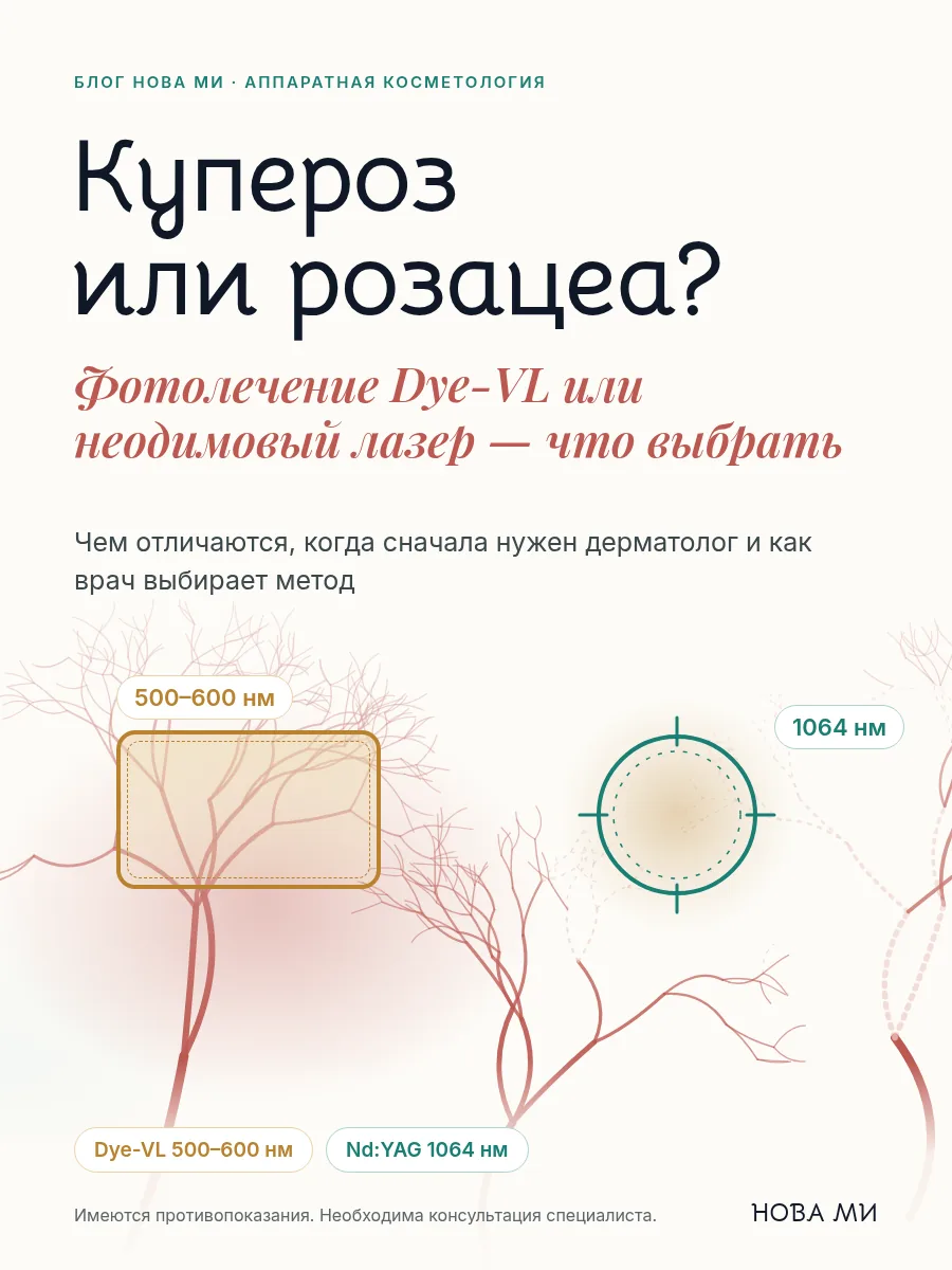 Обложка статьи: надпись «Купероз или розацеа? Фотолечение Dye-VL или неодимовый лазер — что выбрать» на кремовом фоне, схематичная сосудистая сетка, окно вспышки 500–600 нм и прицел лазера 1064 нм