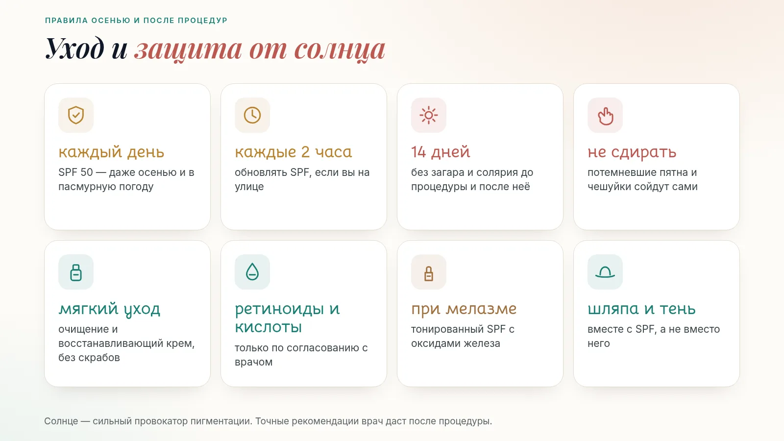 Уход осенью и после процедур: каждый день SPF 50, обновлять каждые 2 часа на улице, 14 дней без загара и солярия до и после процедуры, не сдирать чешуйки, мягкий уход, ретиноиды и кислоты — по согласованию с врачом, при мелазме — тонированный SPF с оксидами железа, шляпа и тень