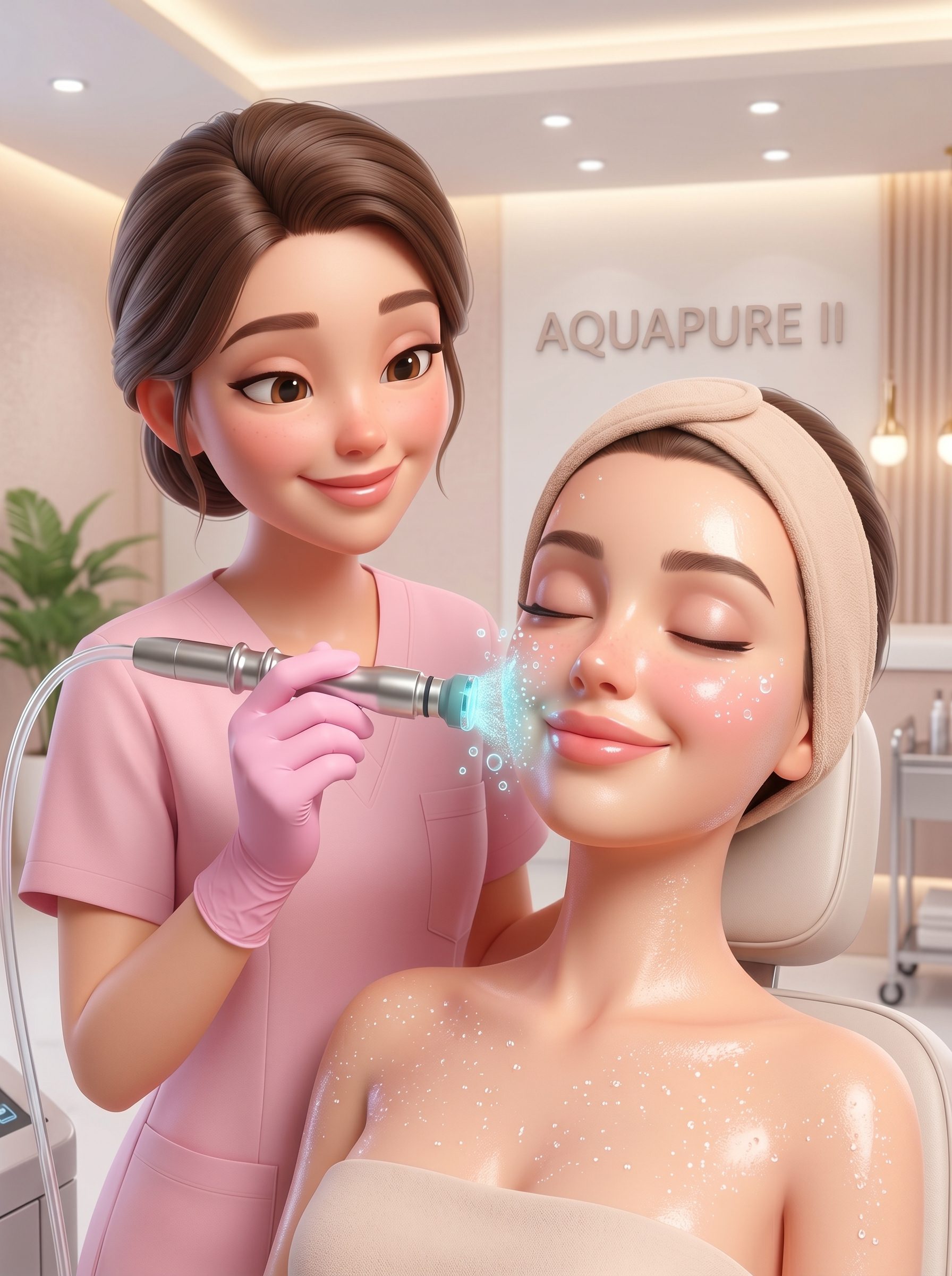 Специалист проводит вакуумный гидропилинг Aquapure II пациентке клиники НОВА МИ